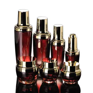 Hot Sale Gradient Red Makeup Set 30g/50g Creme glas & 30ml/50ml/100ml Press flasche & 30ml Tropf flasche Gold Top