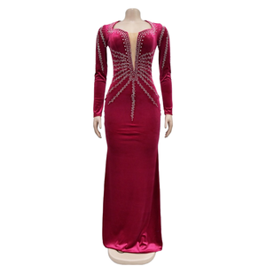 Vestidos de Fiesta Elegantes para Mujer, Corte Recto, Cintura Natural, Largos hasta el Suelo, Manga Larga, Cuello en V, Color Sólido, con Pedrería, para la Noche - Product Image 1