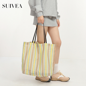 สินค้ามาใหม่ประจำฤดูใบไม้ผลิ/ฤดูร้อน: กระเป๋าโท้ทตาข่ายลายทางสีโดปามีนสำหรับวัยรุ่นอายุ 26 ปี—กระเป๋าถือที่ดูเรียบง่ายและมีสไตล์สำหรับผู้หญิง - Product Image 4