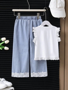 卸売幼児女児服セット フリルレースノースリーブソリッドシャツ+ジーンズパンツ 2点セット服セット - Product Image 2
