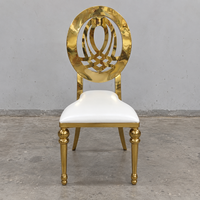 Chaise de banquet ovale en acier inoxydable doré avec dossier sculpté et assise en cuir PU