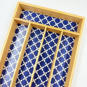 Bamboo Cutlery <b>Box</b> With Partitions Rectangular <b>Storage</b> Organizer For Kitchen Tableware <b>Drawer</b> Divider Blue Patterned Liner - Product Image 2