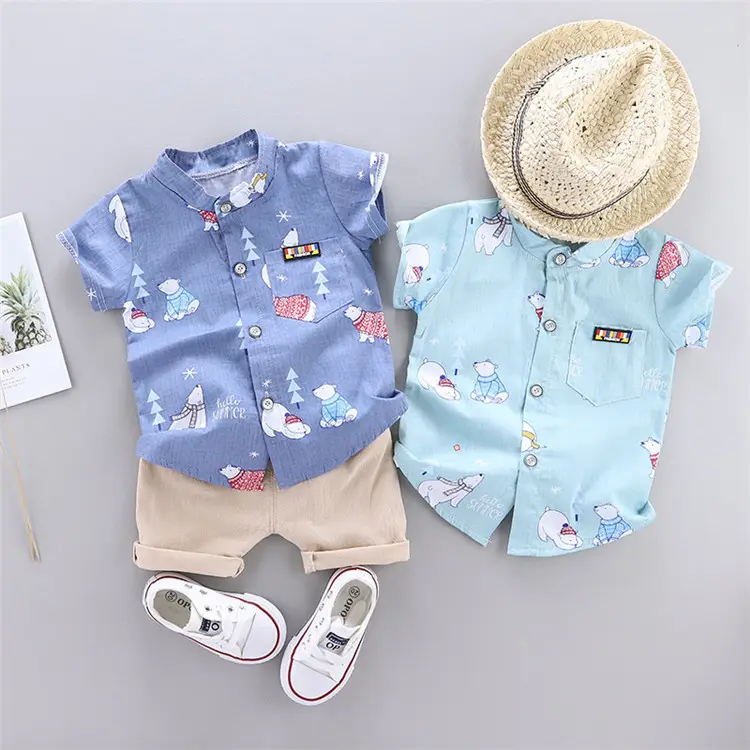 卸売サマーセットベビー服セット男の子スーツTシャツクマ柄ショーツ2ピースキッズセット男の子安い子供服