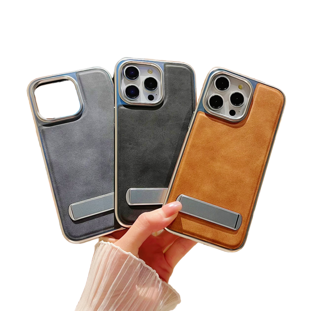 Premium Electroplated PU Phone case Business Design with Invisible Bracket Shockproof Phone Case for iphone 17 Pro