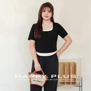 Camiseta de Manga Corta con Bloques de Color, Estilo Dos Piezas, Talla Grande para Mujer, Tejido de Punto, Negro, Albaricoque, Azul, N8877 - Product Image 5