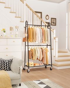 Porte-vêtements carré en métal à double barre SENYU avec roulettes verrouillables et rangement inférieur pour chaussures - Product Image 4