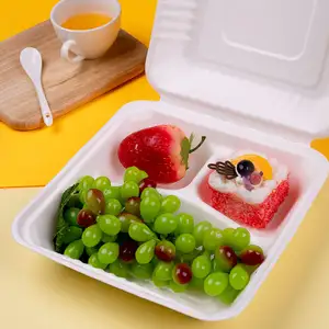 Groothandel Bagasse Taco Box 3-compartimentvezel Clamshell Suikerriet Bagasse Lunchbox Gemaakt Van Suikerriet Bagasse