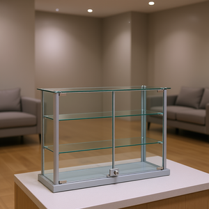 Modern Countertop Showcase 65x25x50cm Light <b>Grey</b> Aluminium <b>Frame</b> Tempered Glass Lockable Doors Adjustable Shelves Display - Product Image 3