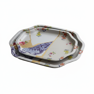 ชุดถาดขอบโค้งงอ238x358 2ชิ้น kintsugi ลายดอกไม้หลอดเลือดดำสีทองดีไซน์สวย - Product Image 2