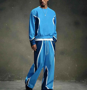 Ensemble de survêtement pour homme, bleu, à blocs de couleur, col rond, manches longues, coupe ample, style streetwear, sweat-shirt et pantalon à cordon - Product Image 2