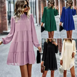 Round Neck Long Sleeve Loose Dress Spring And Autumn Seasons Casual A-line Skirt