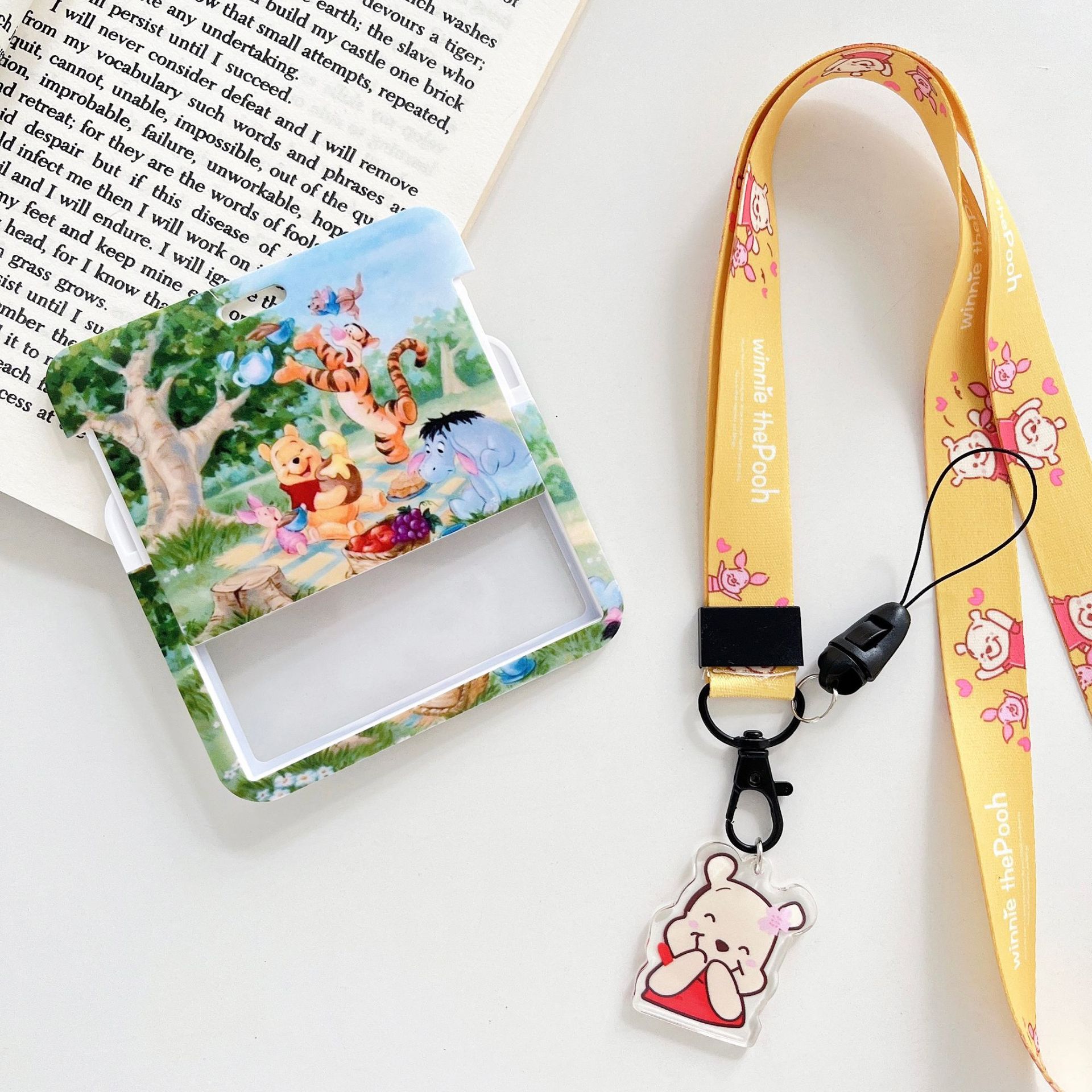 Horizontal Student ID Badge Plastic Card Holder Cute Cartoon Mickey Minnie Bear Card Cover Anti-Lost Lanyard Kid Gift Card Case Image 4