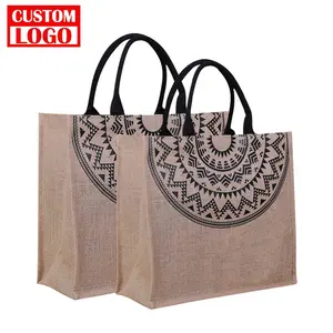 Custom Printed Burlap Handbag Recycle Reusable Custom Printing Tote Black Beach Used Burlap Jute Bags