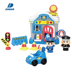 Cartoon Police Set Toy Play with Police Car, Action Figure and Traffic Scene Police Station Toy for Kids with Light and Music