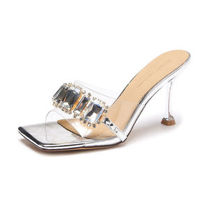 Nouvelles sandales d'été 2022 à talons hauts, style stiletto métallique, bout ouvert, strass, transparentes, à lanières croisées - Product Image 6