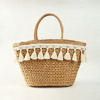 Sacs de plage tissés à la main en paille naturelle de haute qualité avec franges à pompons pour les vacances d'été et le shopping