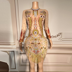 Mới lạ mùa xuân 2023 phụ nữ S quần áo lấp lánh tinh thể màu vàng kim cương váy Evening Dresses với Bling tua cho <span class=keywords><strong>prom</strong></span> - Product Image 1