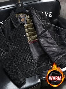 dropshipping Warm <b>Fleece</b>-<b>Lined</b> Men's Casual Checkerboard <b>Jacket</b> - <b>Long</b> Sleeves Lapel Collar and Front Pockets Everyday Fashion - Product Image 2