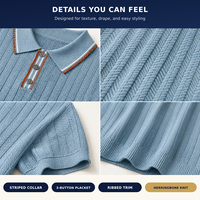 Polo en tricot à chevrons pour homme, 100% viscose, manches courtes texturées, col à rayures contrastées, haut décontracté élégant pour l'été