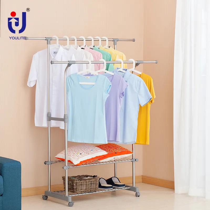 Vertical Bathtub Telescopic Clothes Drying Double Pole Racks With Plastic Parts