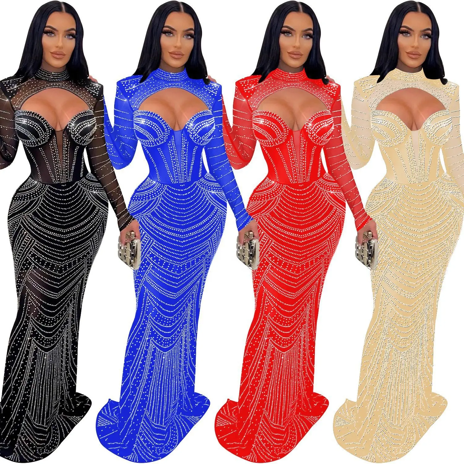 2023 Fashion Women's Sexy Mesh Perspective Long Sleeve Rhinestone Cut Out Maxi Dress Party Night Club Wear Skirt Occasion Dress