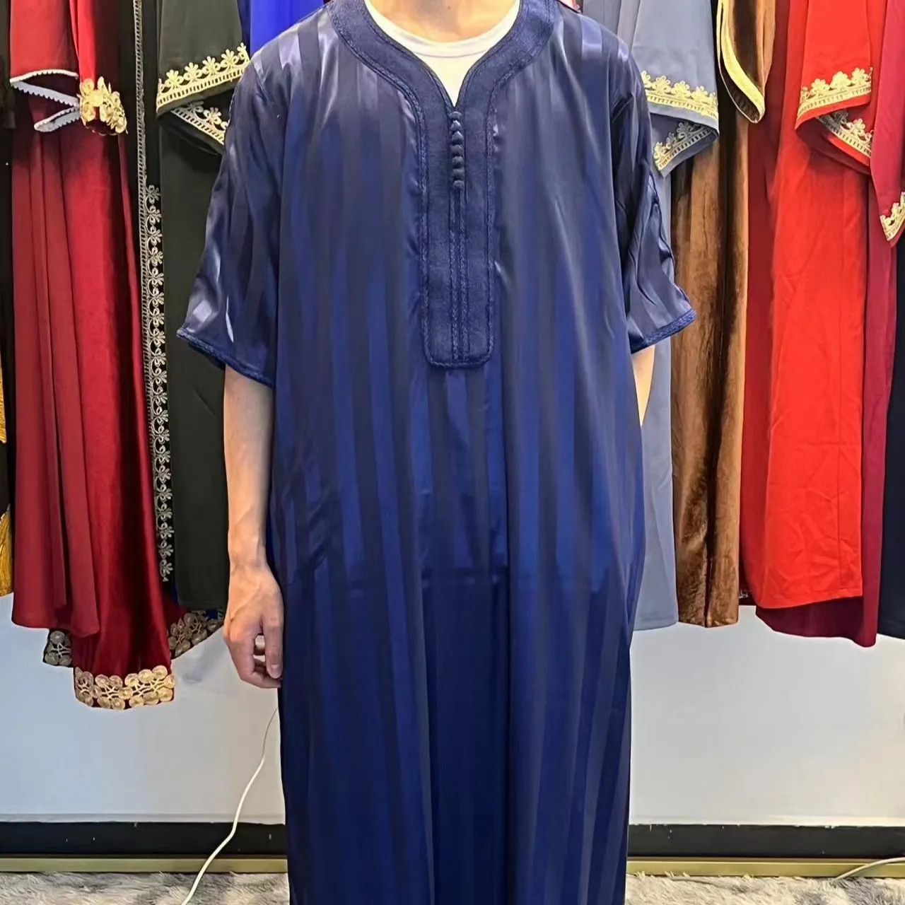 R-6 Wholesale Fashion Abaya Islamic Man Dresses Dubai Loose Short Sleeve Comfortable Quality Arabia Thobe Saudi Muslim Men Robe