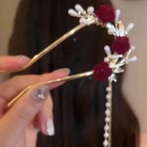 Bâtonnet à cheveux chinois en U pour femme, avec fleur rouge et pompon, épingle à chignon ancienne, fourchettes à cheveux, baguettes, strass, bijou de cheveux Hanfu - Product Image 1