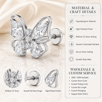 Vente en gros de bijoux de piercing pour femmes : Clous labret à dos plat en titane F136 plaqué or, stériles, avec zircon, motifs papillon, trèfle, lotus