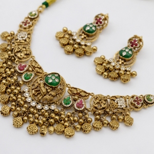 Ensemble de collier traditionnel en argent 925 avec pierres vertes et roses, design artisanal, bijoux ethniques pour femmes, à porter pour un mariage - Product Image 2