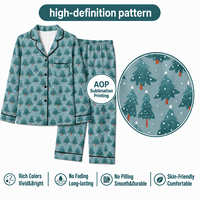 Pyjama personnalisé bleu-vert à col cranté motif sapin de Noël, ensemble en polyester et soie de lait, vêtements de nuit pour femme, POD, MOQ 1 pièce, Dropshipping
