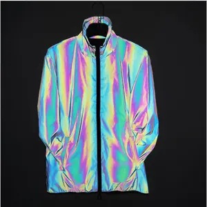 trendy hi vis thin large size unique stylish rainbow iridescent reflective lapel jackets coat outdoor casual clothing for winter