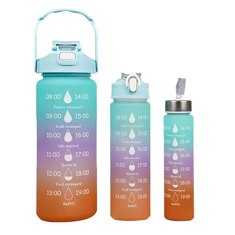 Sıcak satış plastik degrade su şişesi üç parçalı set gıda dereceli malzeme kokusuz kolay temizlenebilir su kulplu fincan