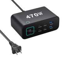 Pengisi Daya Desktop GaN 470W 2026 4C+2A 6-Port dengan Layar LCD Penunjuk Watt, Hub Tipe-C Ganda 140W untuk iPhone18 dan Laptop