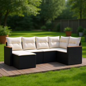 Cream White And Black <b>Rattan</b> Garden <b>Sofa</b> Set With Cushions 6 Seater Outdoor Furniture Contemporary Design - Product Image 2