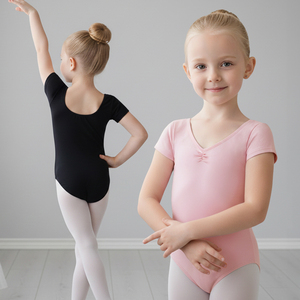 Maillot de Ballet de Manga Corta 100% Algodón Elástico con Cintura Elástica para Niñas, Color Rosa, Ropa de Baile para Niños - Product Image 2