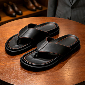 Men's Genuine Leather Flip Flops <b>Summer</b> EVA Outsole Cushioned Outdoor <b>Slippers</b> Solid Color Open Toe Casual Wear - Product Image 4