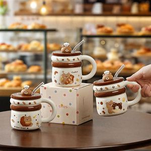 แก้วเซรามิคลายการ์ตูนหมีน่ารัก ขนาด 450 มล. พร้อมฝาปิดและหลอดแก้ว ดีไซน์สร้างสรรค์สำหรับเด็ก ใช้ดื่มนม กาแฟ - Product Image 2