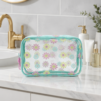 Pochette de maquillage portable transparente en PVC imperméable avec logo personnalisé, imprimé marguerite, pour voyage et toilette