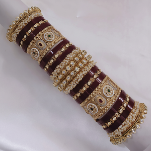 Stylish <b>Gold</b> Plated <b>Bangle</b> <b>Set</b> with Pearl and Pota Stone Design Classic Women's Jewelry - Product Image 2