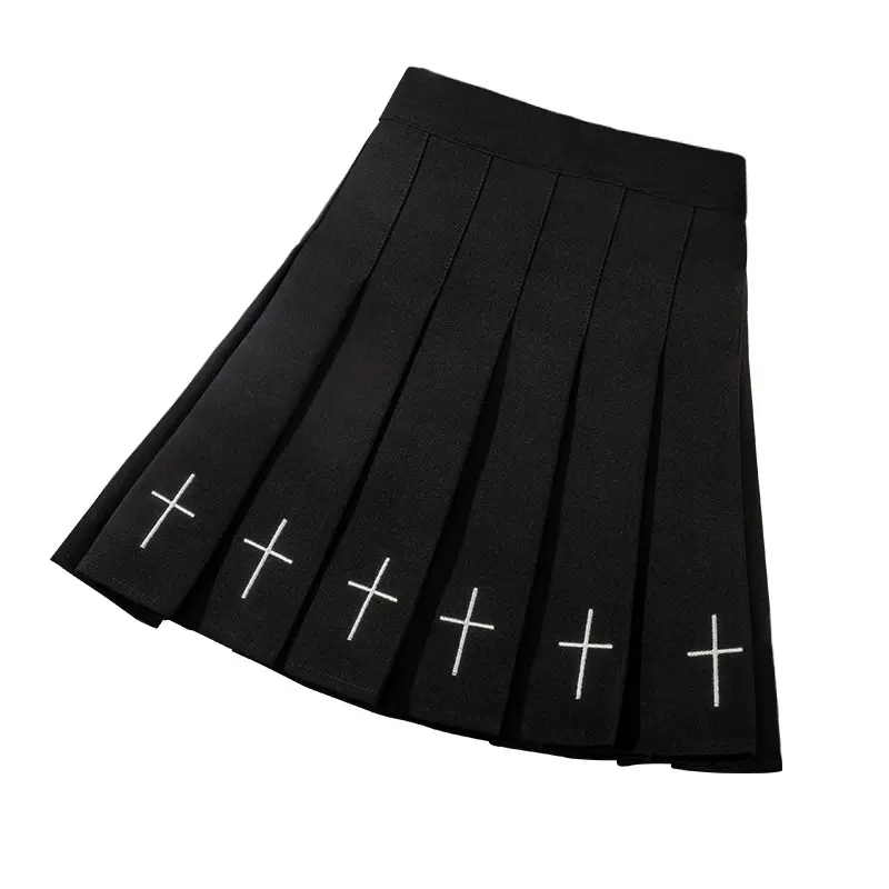 Factory Direct Bestseller Stickerei Atmungsaktive Miniröcke mit hoher Taille Schwarzer Falten rock für Frauen