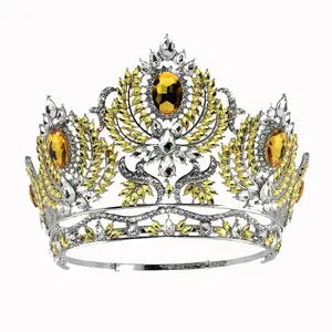 Corona de la novia grande y redonda, corona completa de cristal amarillo barroco para reinas