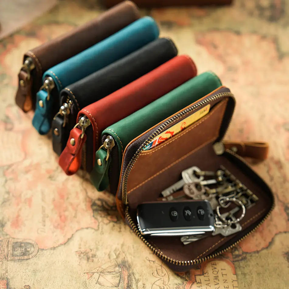 क्रेज़ी हॉर्स फुल ग्रेन कॉइन पर्स अनुकूलित रंग असली लेदर मेटल जिपर कीचेन कार की केस रेट्रो कुंजी वॉलेट बैग