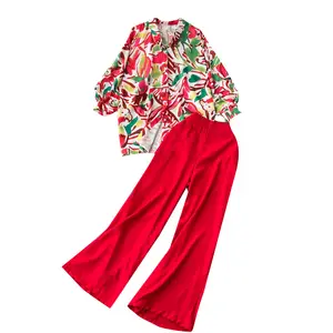 One size printed shirt wide leg pants two-piece set Autumn new commuting professional suit