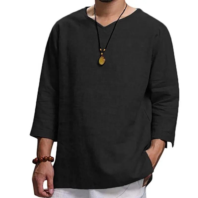 Custom Mens Linen Shirts Big Tall Loose Plus Size V-neck 100% Linen Shirts Long Sleeve Hemp Linen T-Shirt for Men