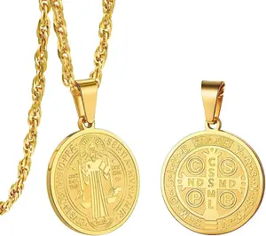 18K oro real exorcista cristiano Jesús collar de acero inoxidable medalla collar protección joyería San Benito para hombres y mujeres