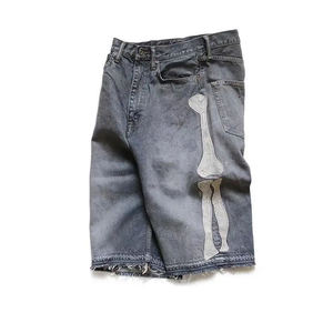 Custom Bones Logo <b>Patch</b> Denim <b>Shorts</b> <b>Men</b> Raw Hem Washed Distressed Jorts Straight High Quality Baggy Jean <b>Shorts</b> - Product Image 5