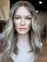 Perruque médicale casher ondulée mi-longue blond cendré, 100 % cheveux humains vierges, avec dessus en dentelle, pour femmes atteintes d'alopécie