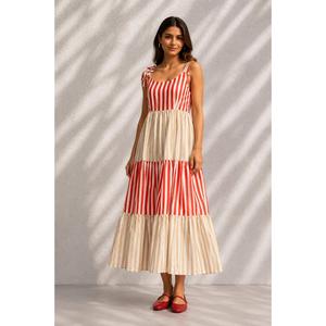 Robe maxi en coton à rayures vintage pour femmes |   Robe d'été à volants, sans bretelles, imprimée à la main, avec poches à franges |   Anti-rides Naturel - Product Image 3