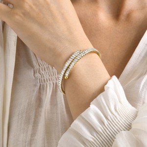 18K Gold Plated Stainless Steel Openable Square White Cubic Zircon Cuff <b>Bangle</b> Trendy Waterproof Fashion Jewelry For Women - Product Image 4