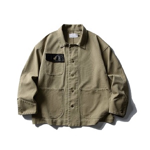 <span class=keywords><strong>Veste</strong></span> à boutons personnalisée de style rétro avec un décolleté carré, avec des poches, une <span class=keywords><strong>veste</strong></span> en toile <span class=keywords><strong>kaki</strong></span> délavée lourde pour hommes - Product Image 1